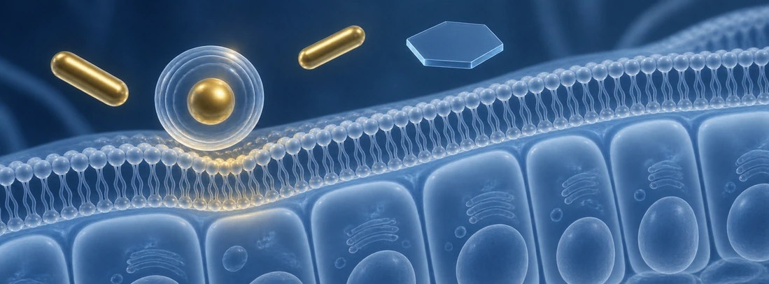 Conceptual smooth engineered sphere, nanorods and platelet interacting with a human cell membrane.